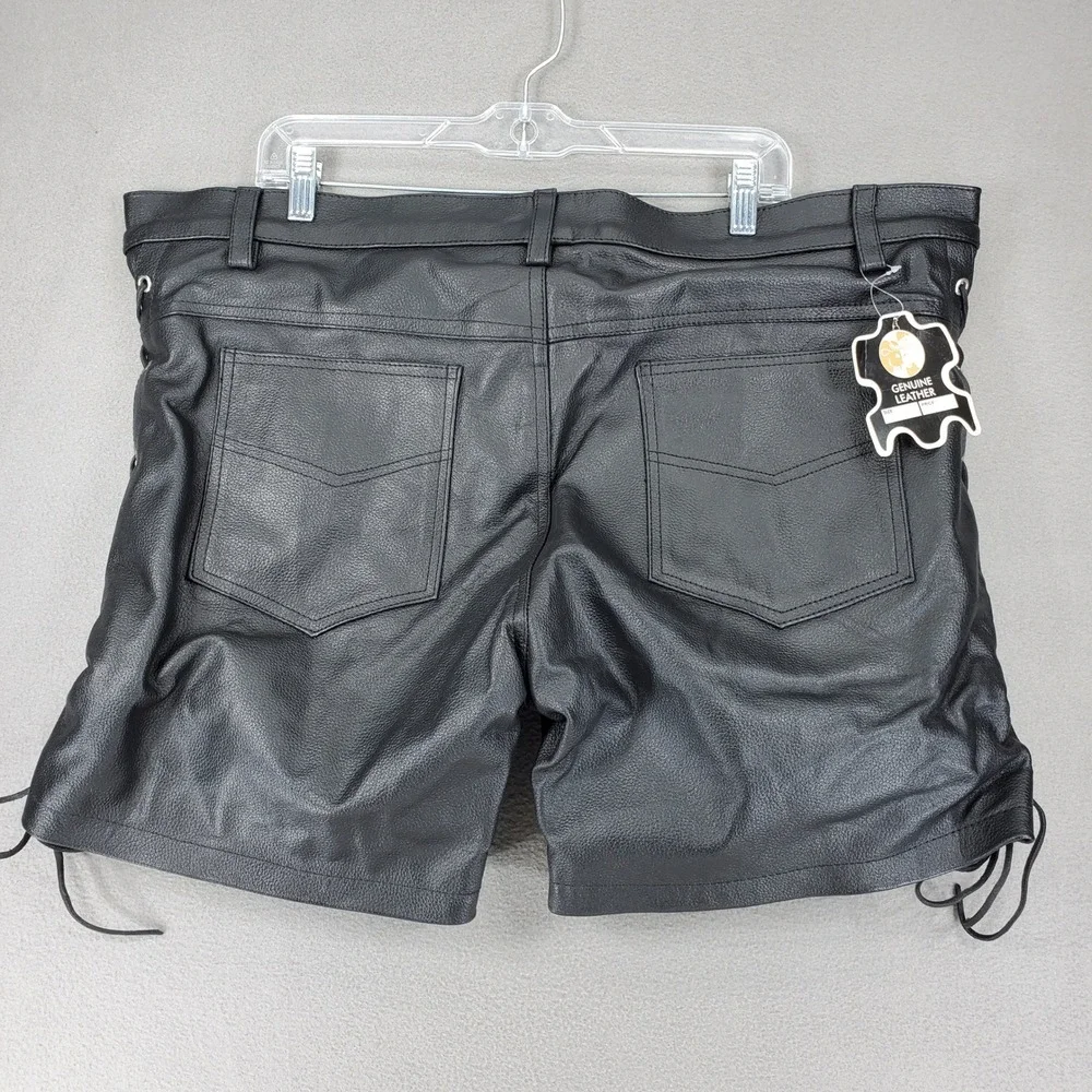 Genuine Leather Biker Shorts Men 42 Black Side Lace Up Moto Rocker Fetish BDSM